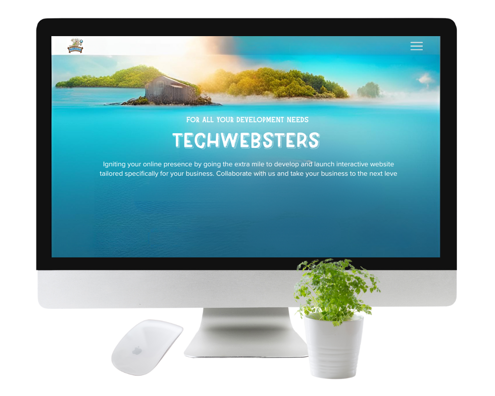 A computer screen displays the Techwebsters website with a tagline,For all your development needs.