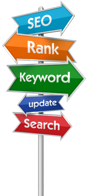 A directional sign indicating SEO rank, keyword updates, and general updates for digital marketing strategies.