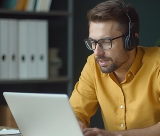 A man with headphones and glasses focused on his laptop, engaged in a branding consultation session.