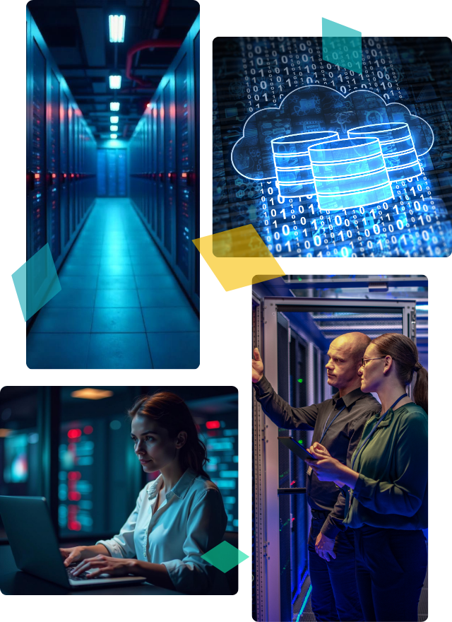 A collage depicting individuals engaged in computer work, highlighting various hosting services and collaborative efforts.