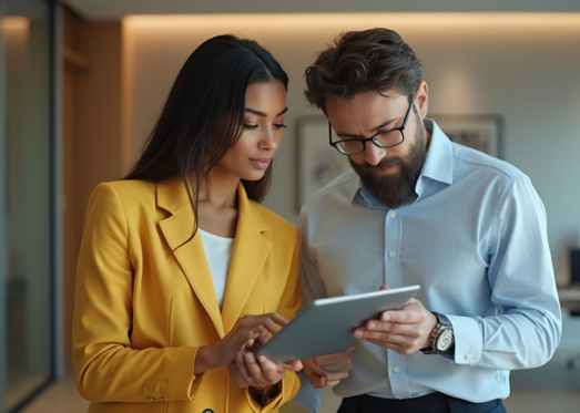 Two professionals in business attire examine a tablet together, focused on consultation services and collaboration.