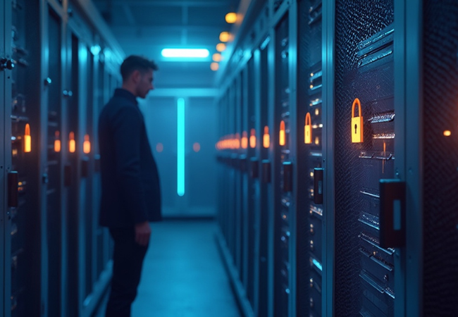 A man in a well-lit server room, managing servers and technology for hosting services.