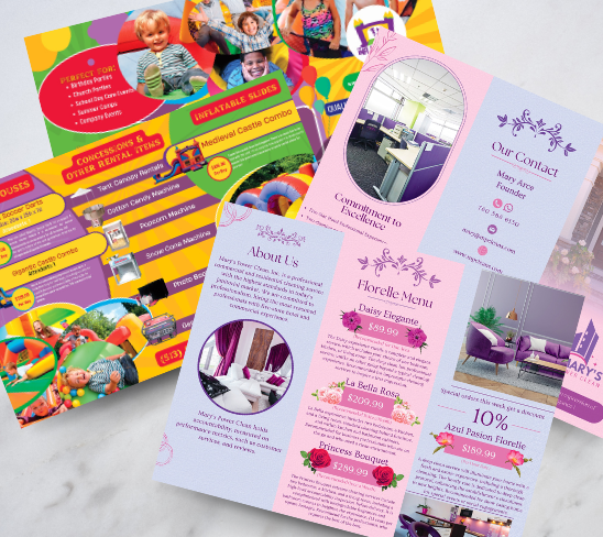 A vibrant brochure featuring a blend of purple and pink colors, showcasing an eye-catching design.