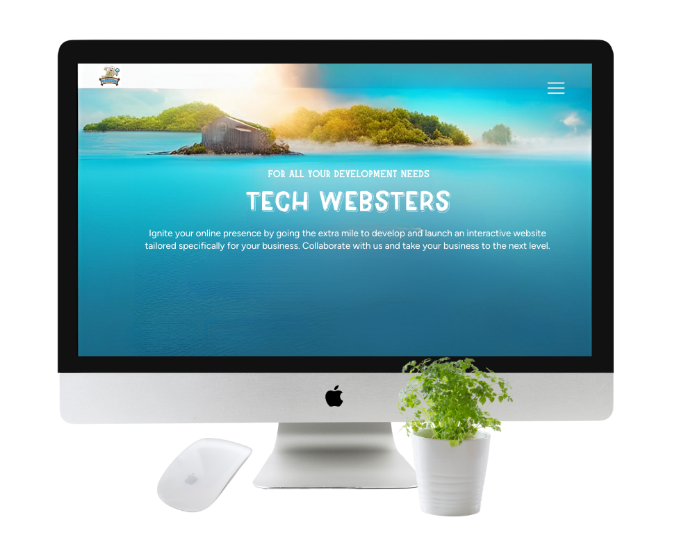 A computer screen showcases a webpage design with FOR ALL YOUR DEVELOPMENT NEEDS and TECHWEBSTERS, highlighting their status as a leading web design agency. Nearby, a mouse and potted plant add charm to the workspace.