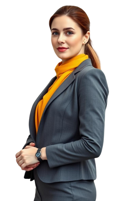 A professional businesswoman wearing a suit and an orange shirt, exuding confidence and competence.