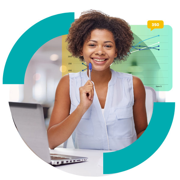  A woman wearing a white blouse smiles while seated at her desk, using a laptop for consultation services.